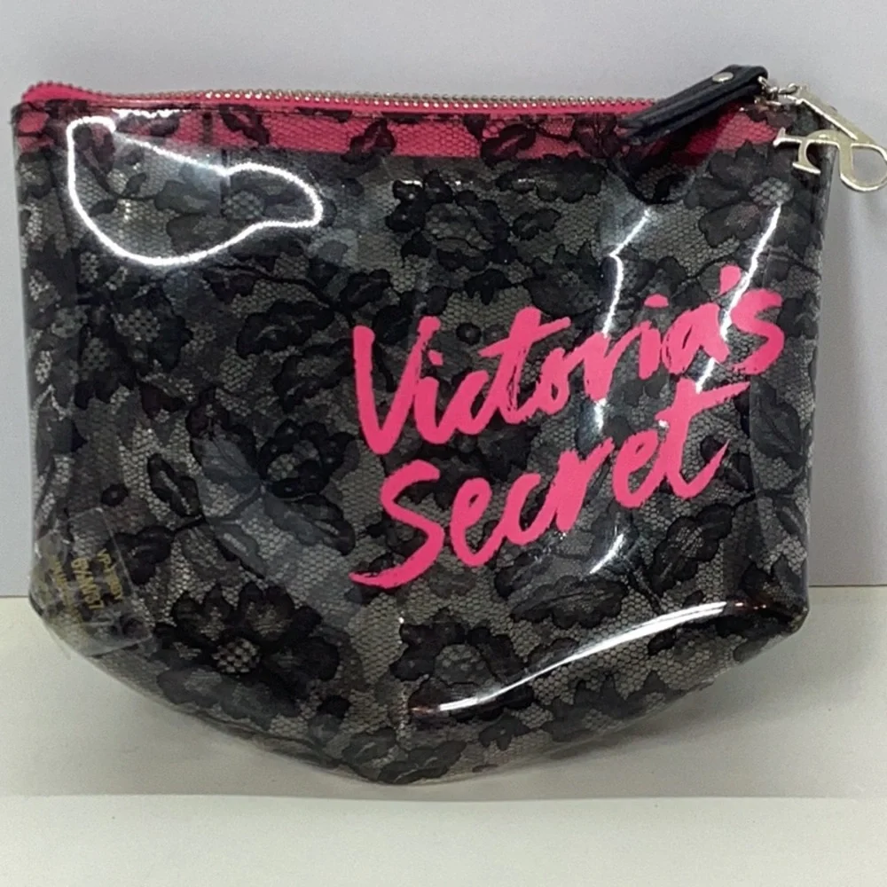 Victoria's Secret Black and Pink Cosmetic Bag with Lace Overlay